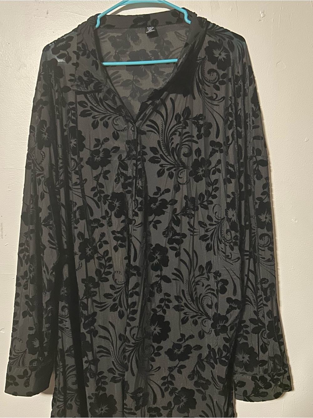 SHEIN Black Sheer Floral Burnout Button-Up Top